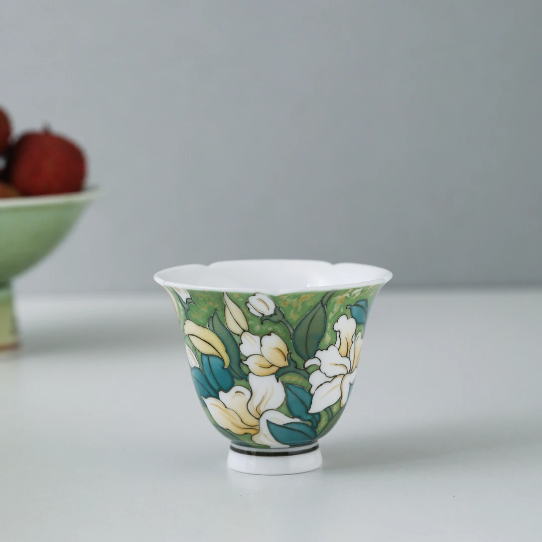 官润窑 陶瓷釉下彩手绘品茗杯主人杯创意小清新中式铃铛杯茉莉花