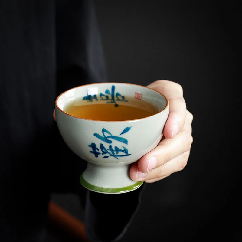 官润窑手绘草木灰茶杯手写诗词主人杯复古陶瓷品茗杯茶盏高脚茶碗