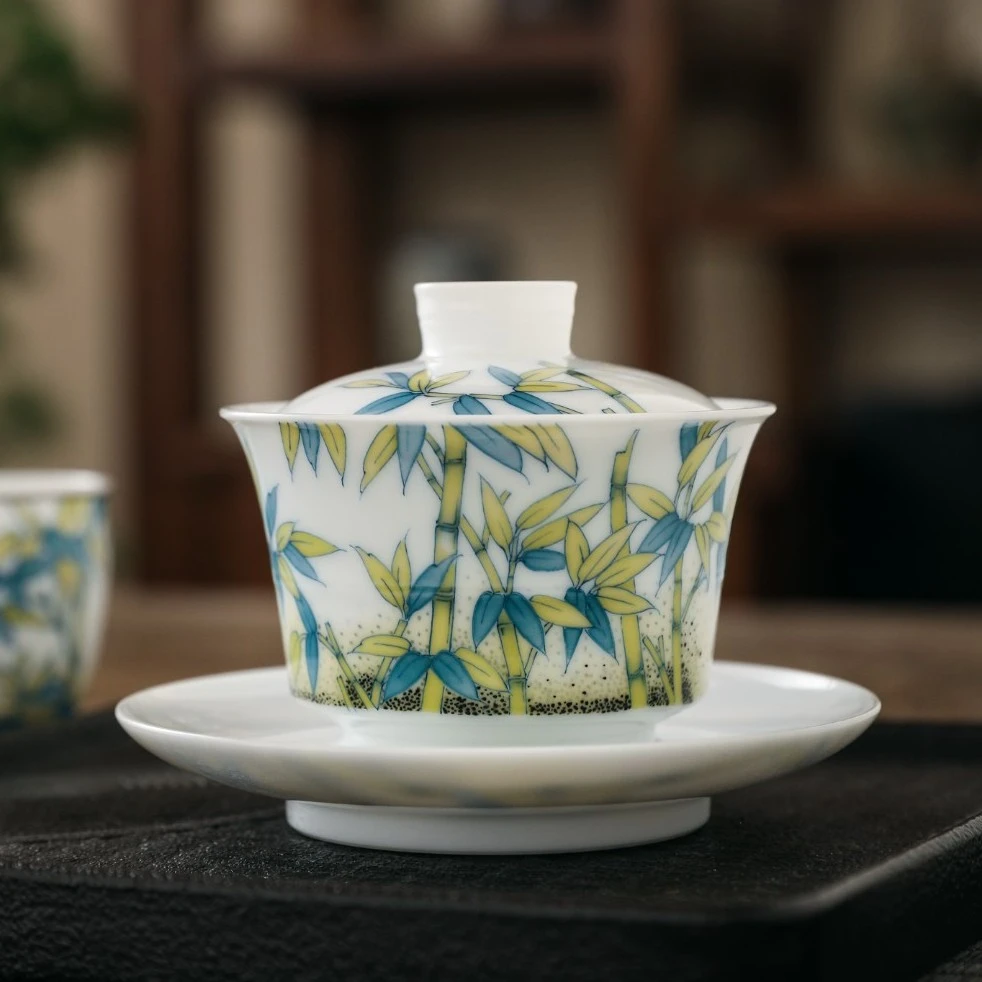 官润窑 陶瓷手绘三才盖碗竹子釉下彩高白玉瓷薄胎单个竹节盖碗