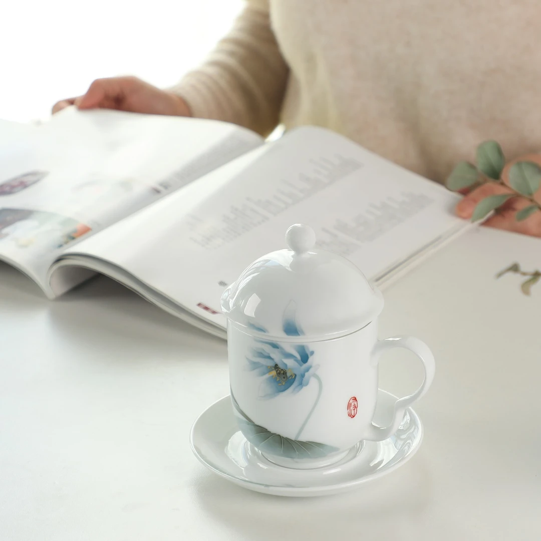 官润窑 陶瓷手绘办公杯水杯带漏茶水分离泡茶杯家用马克杯花茶杯