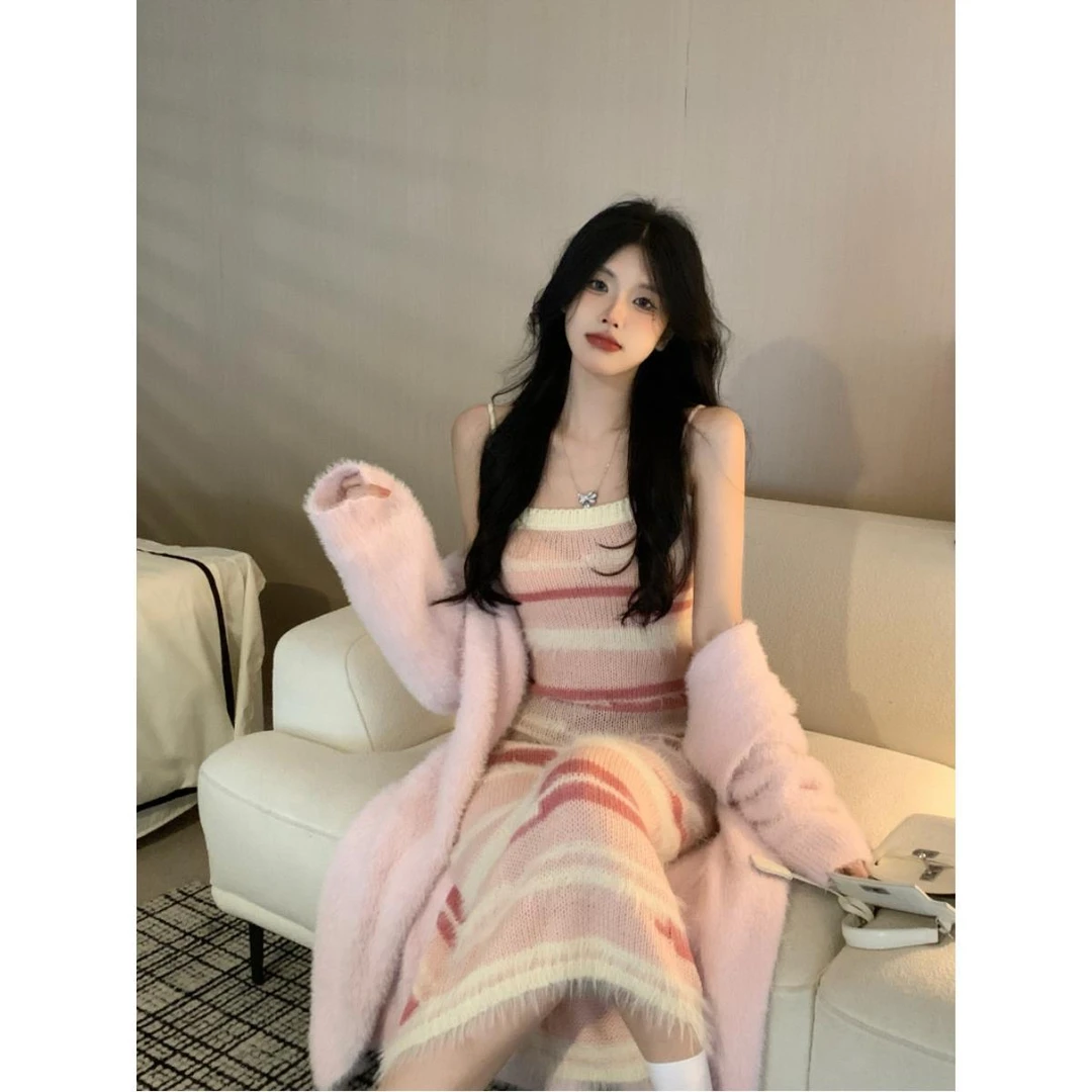 两件套装2023秋冬仿水貂毛温柔毛衣外套+撞色吊带针织连衣裙女潮
