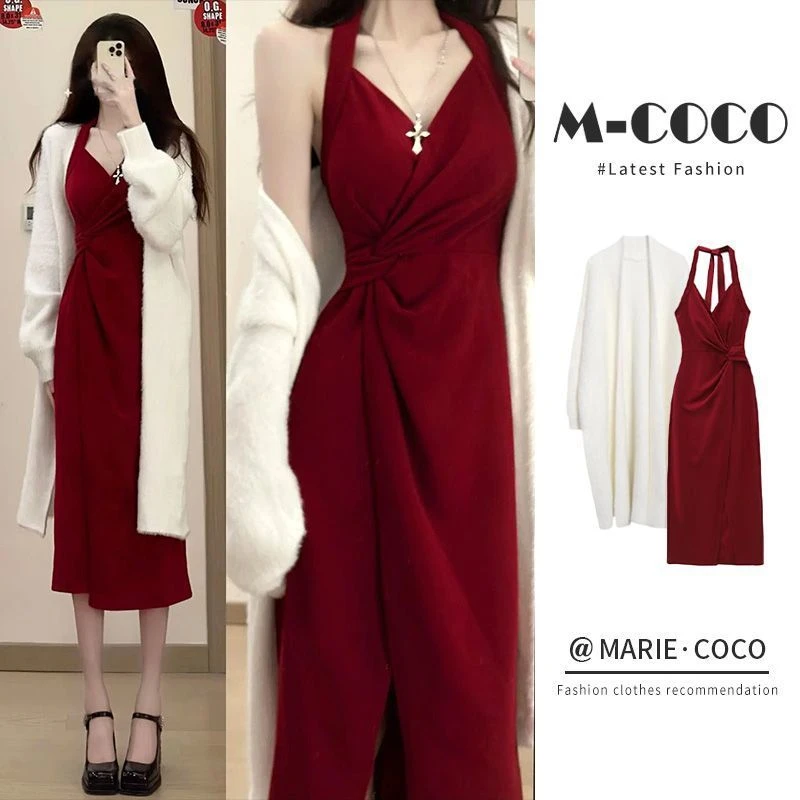 别致绝美毛衣两件套装挂脖吊带裙秋冬高级感气质御姐风法式连衣裙