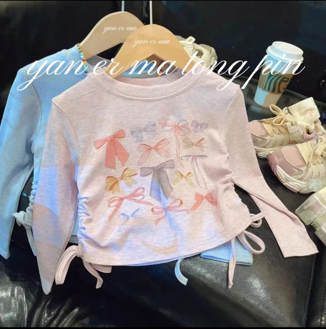 秋季女童蝴蝶结印花长袖打底衫上衣休闲时尚T恤圆领舒适春秋女宝