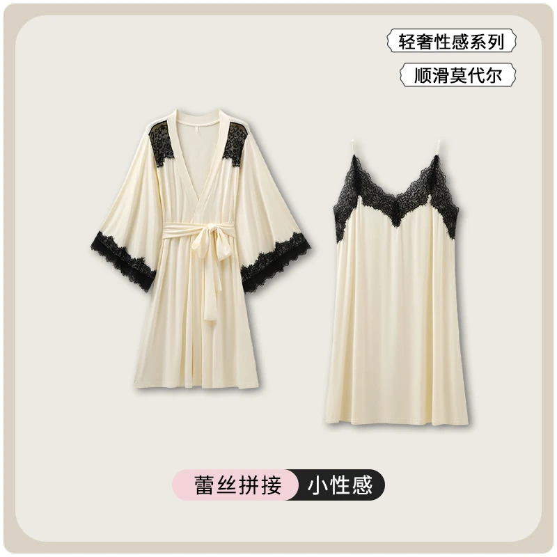 睡衣女春秋季莫代尔棉绸纯欲高级感蕾丝边夏季睡裙睡袍套装礼盒装