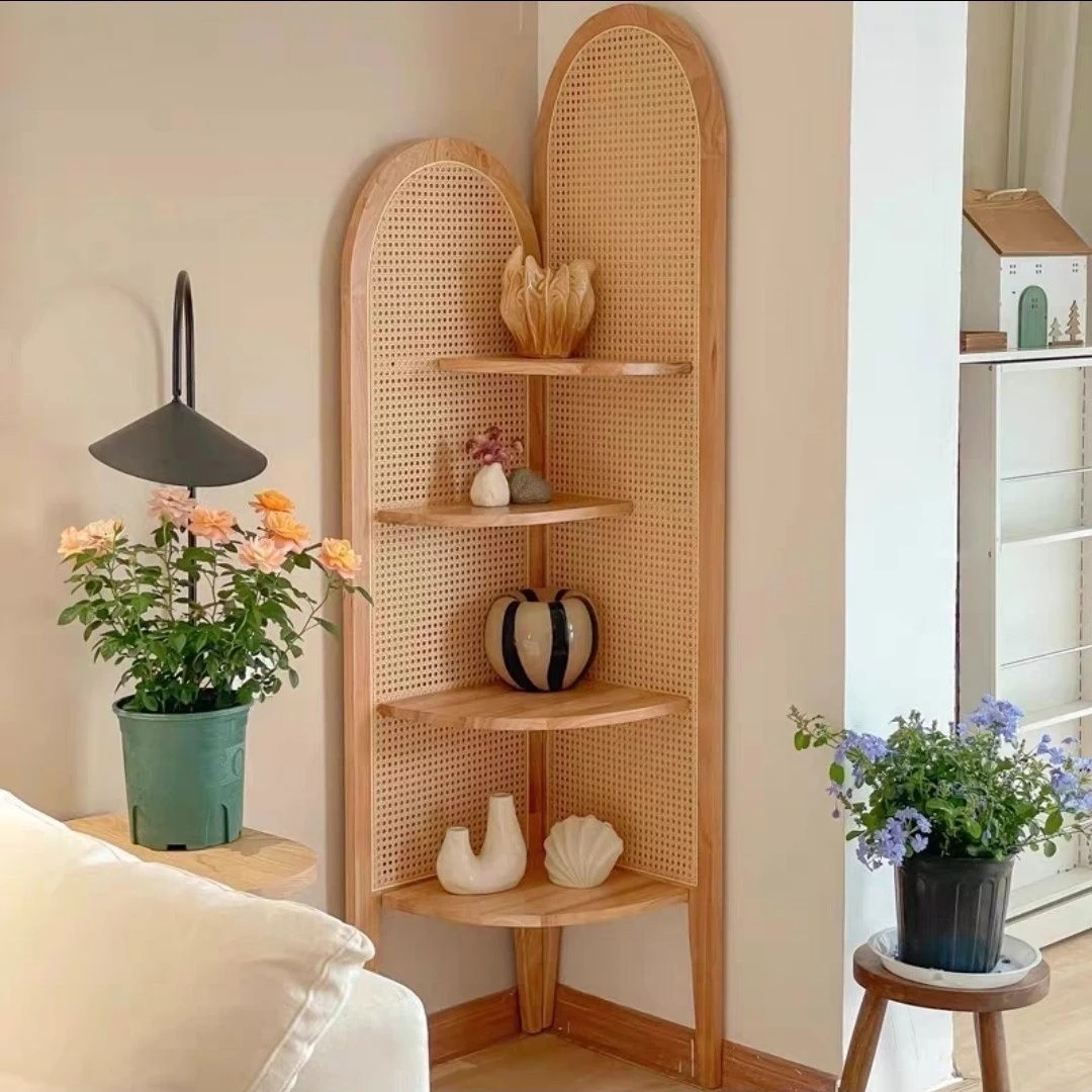 【茹小妞专属】实木角柜客厅复古沙发墙边藤编置物架中古拐角三角柜