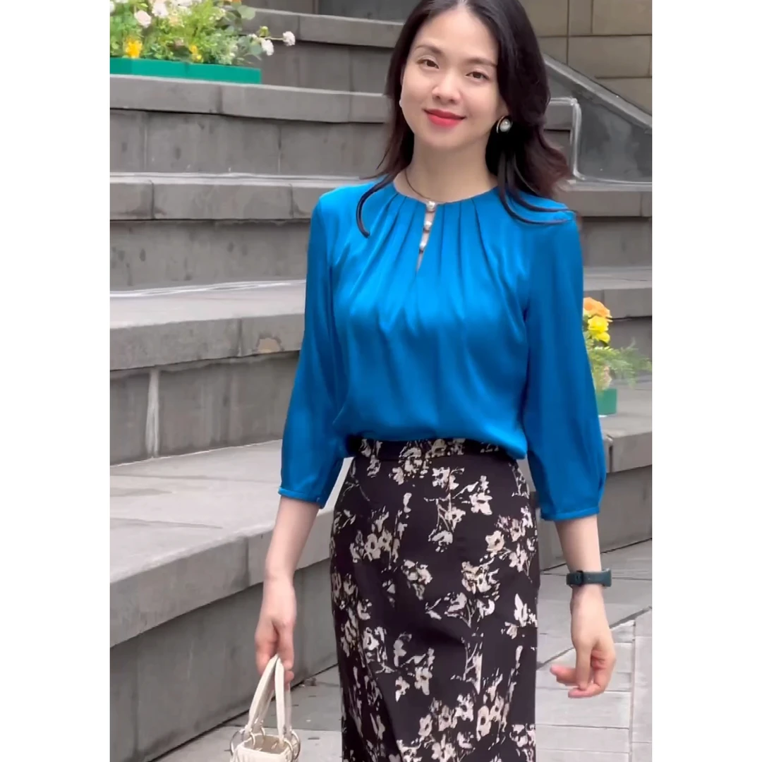 高端时尚设计感桑蚕丝夏季新款优雅气质通勤褶皱精致衬衫32306