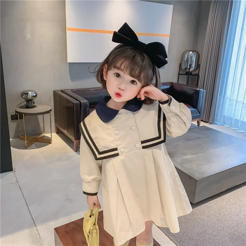 女童连衣裙学院风洋气2023年新款秋装儿童洋气海军风娃娃领裙子