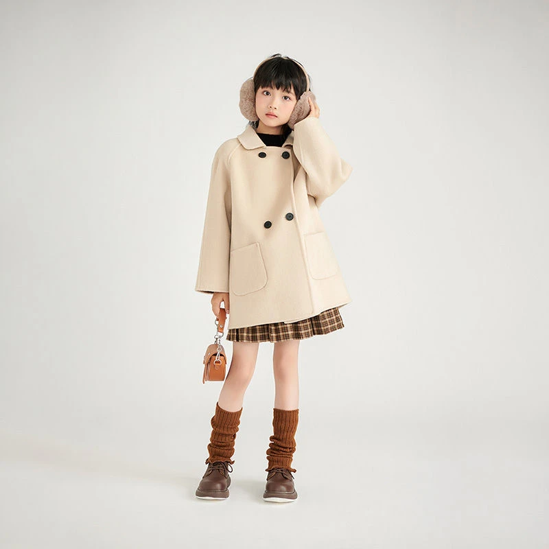 娃娃领高级小香风男女童中长款羊绒呢百分百澳洲羊毛大衣双面