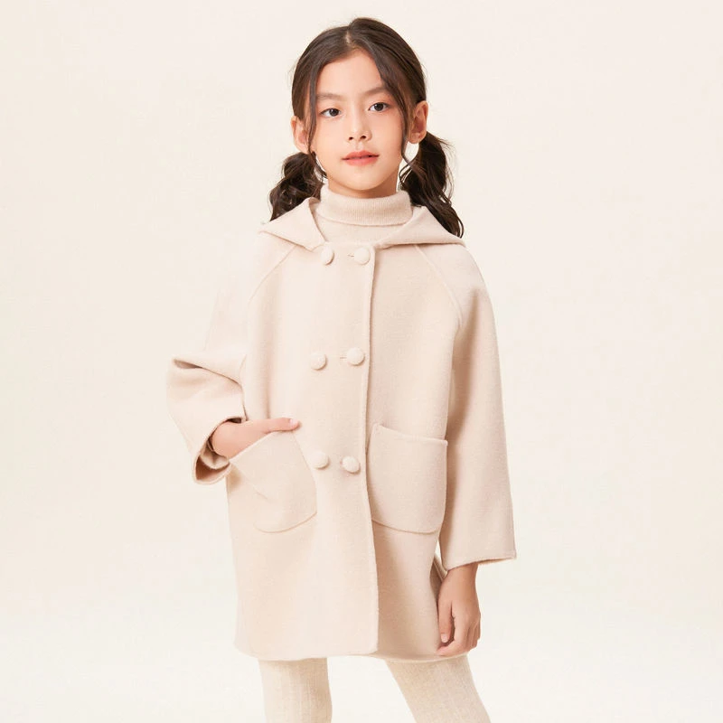 女童韩版大衣中大童新款中长款安可拉红双排扣100%羊毛外套