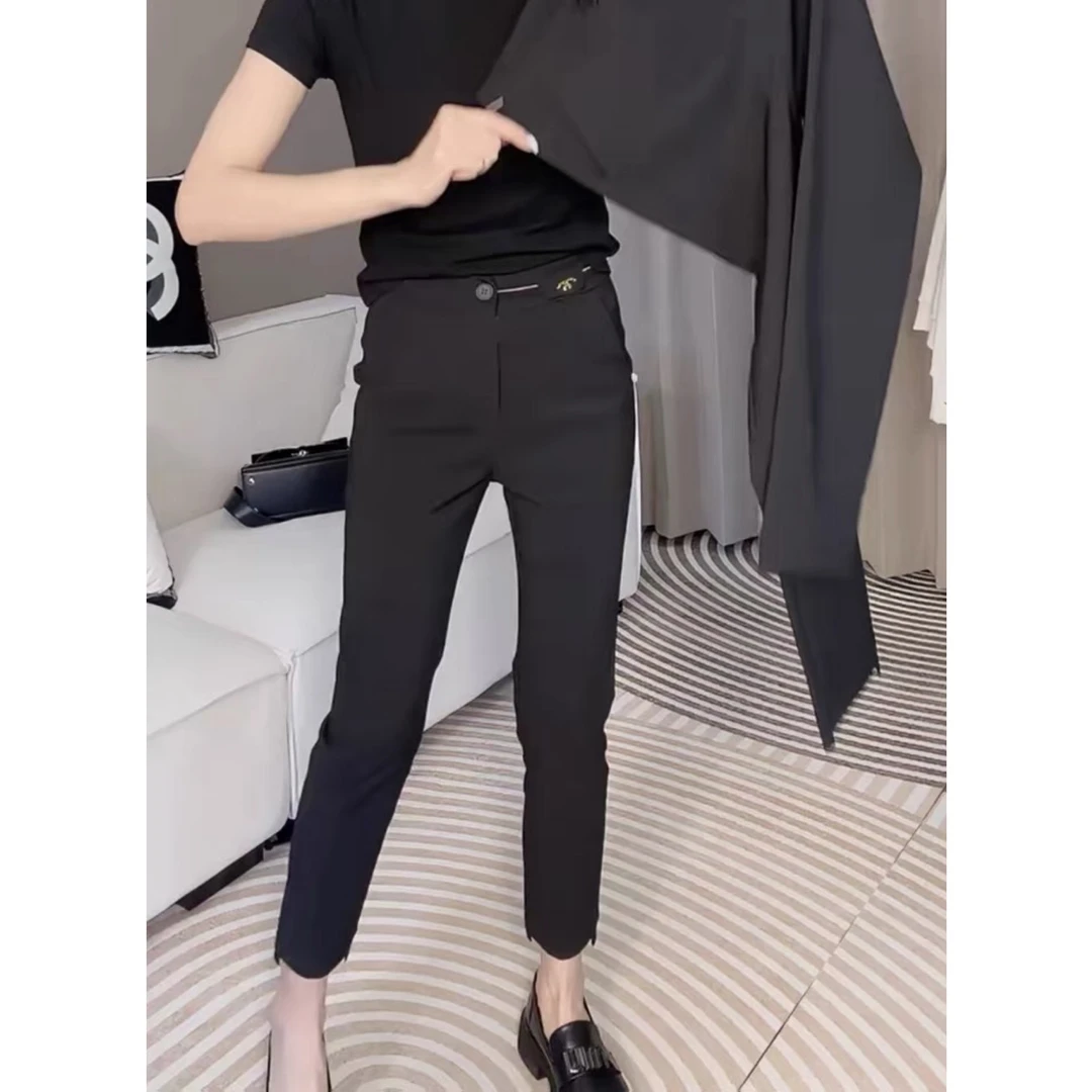 2024春夏新款黑色小脚西装裤女弹力显瘦条纹腰头九分裤烟管裤