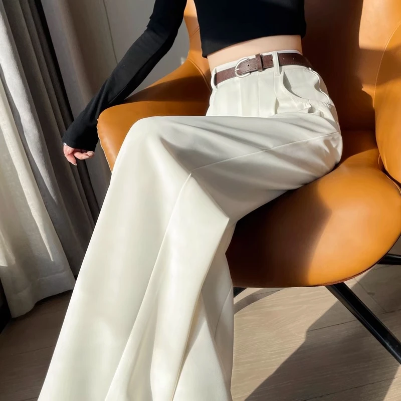 LOzP米白色窄版阔腿裤女春秋小个子高腰西装裤高级垂感直筒休闲裤