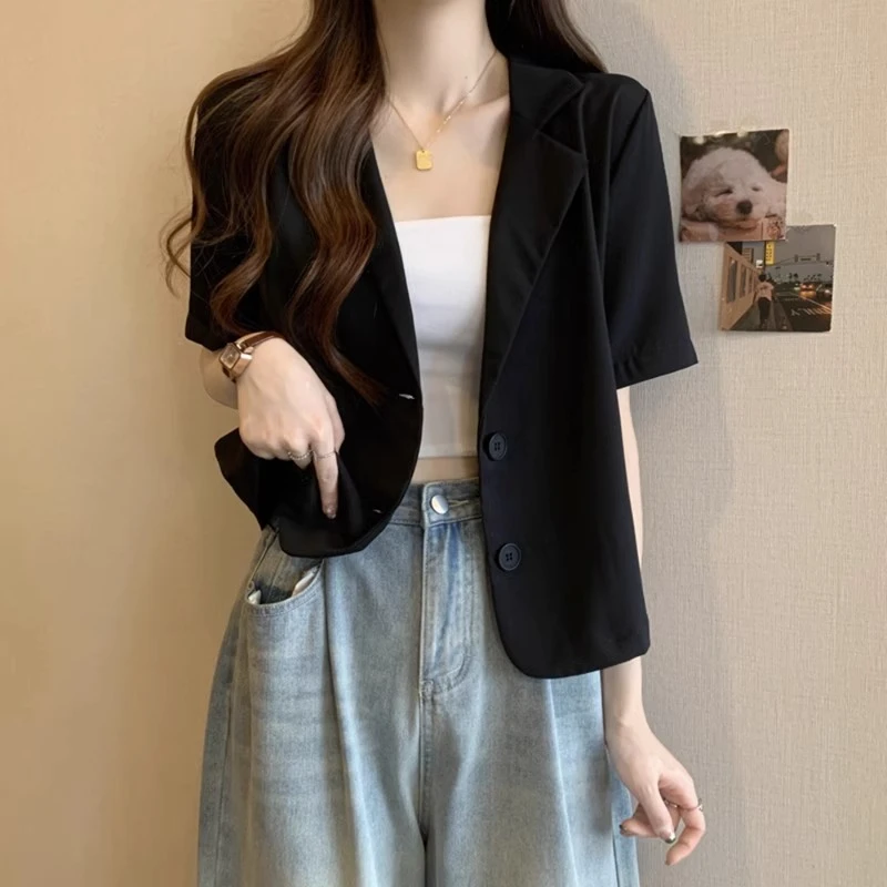 翻领正肩短袖小西装上衣女夏季大码胖mm休闲洋气减龄显瘦薄款外套