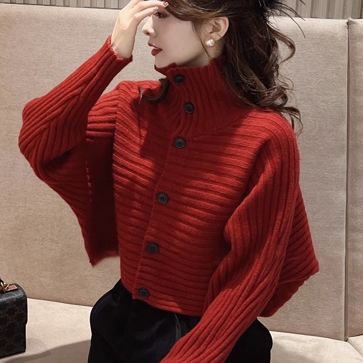 LOzP红色短款高领针织开衫女慵懒风设计感坎肩上衣飞机袖毛衣外套