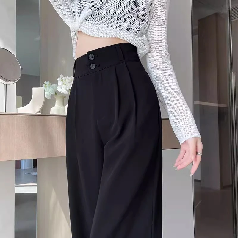 LOzP垂感直筒裤女春秋窄版高腰显瘦百搭拖地双排扣休闲阔腿西装裤