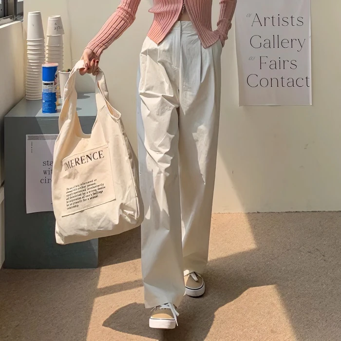 LOzP白色休闲裤女2025春秋新款宽松直筒西装阔腿裤子显瘦高腰长裤