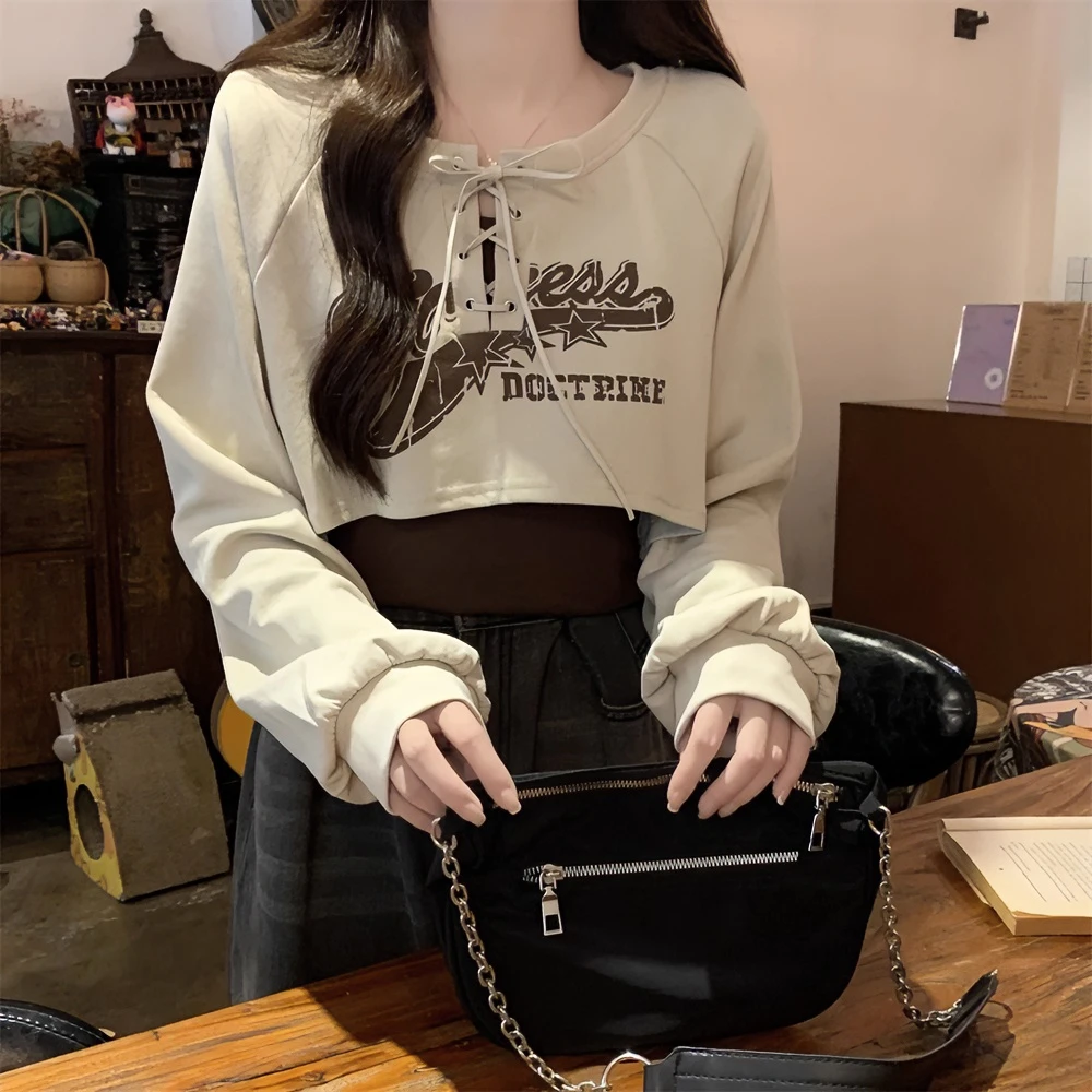 LOzP美式复古短款卫衣春秋vintage高级感宽松长袖上衣吊带两件套