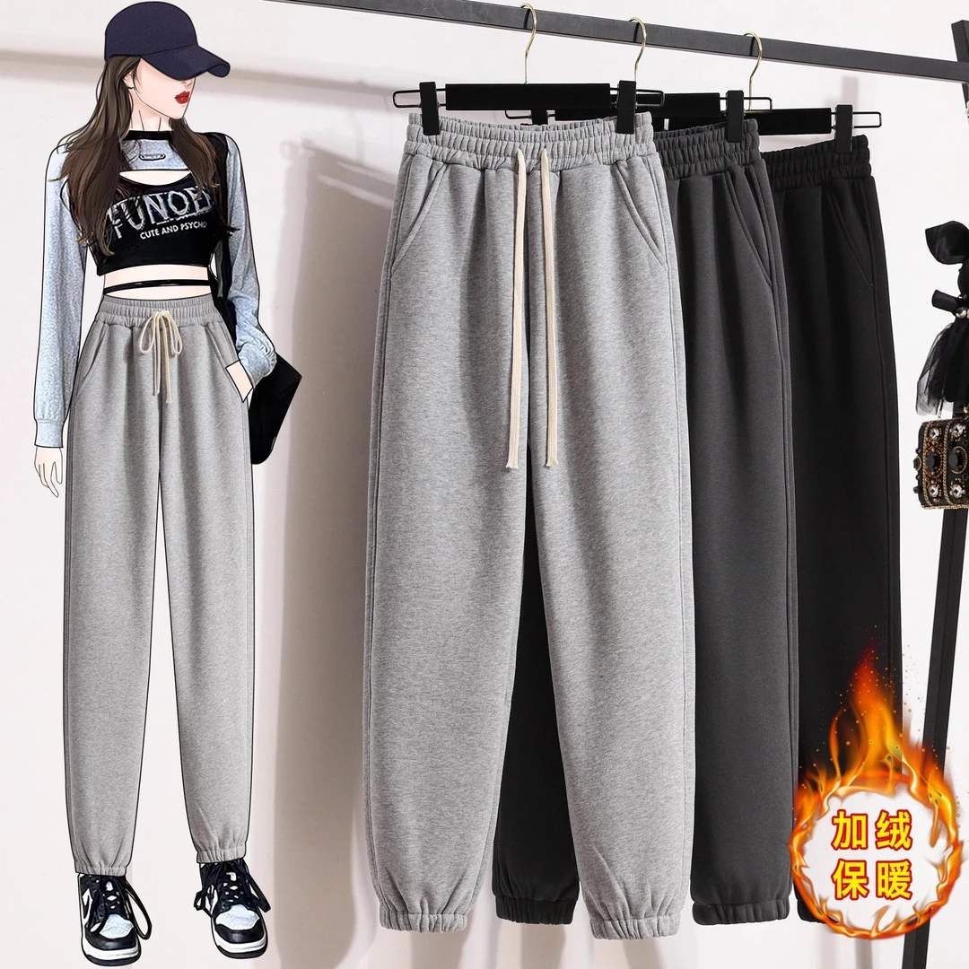 LOzP运动裤女宽松束脚秋冬季卫裤2025新款阔腿加绒加厚休闲长裤子
