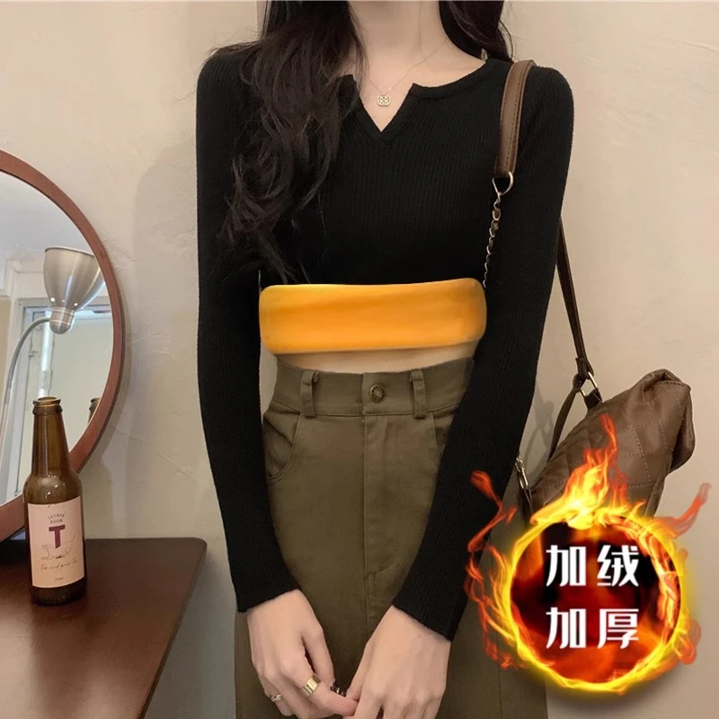LOzP加绒加厚针织毛衣女秋冬季新款修身内搭v领长袖上衣显瘦百搭