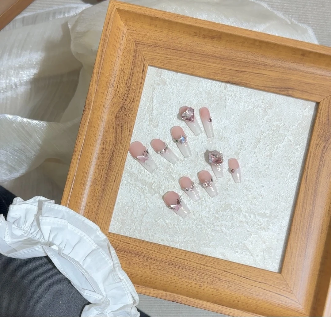 <暗恋> 甜欣纯手工光疗穿戴甲 粉色东洲钻纯手工穿戴式穿戴甲