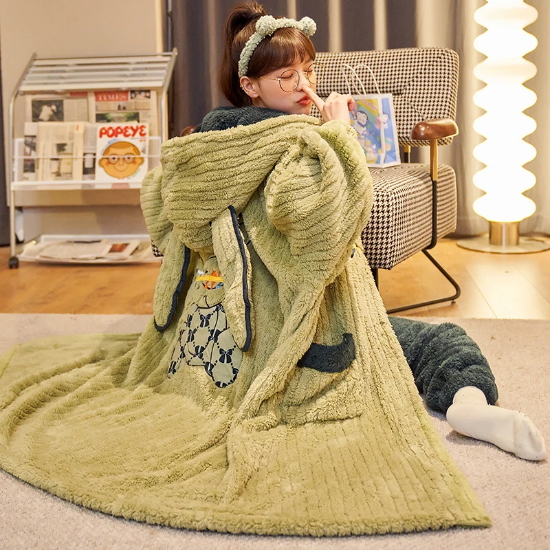 珊瑚绒睡袍女士秋冬季睡衣女连帽加厚保暖法兰绒卡通家居服 2167