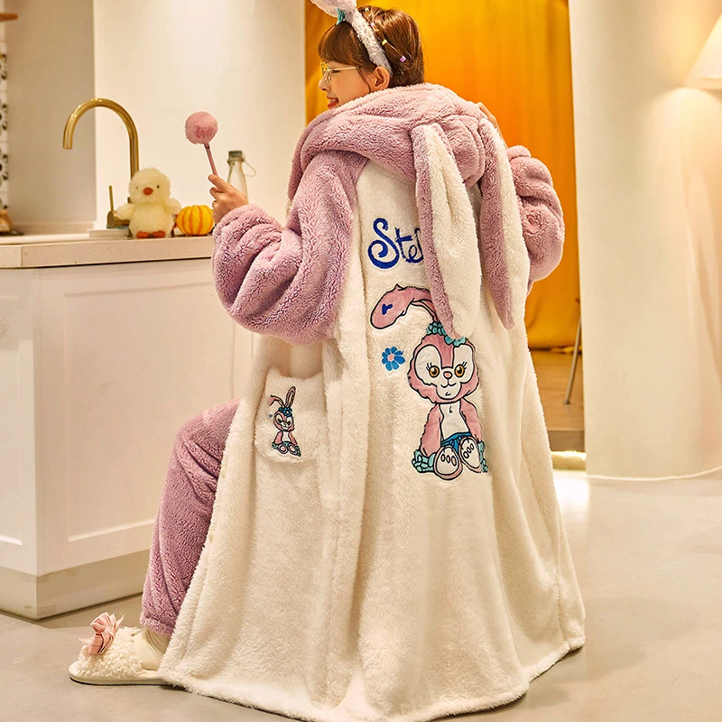 珊瑚绒睡袍女士秋冬季睡衣女连帽加厚保暖法兰绒卡通家居服 2162