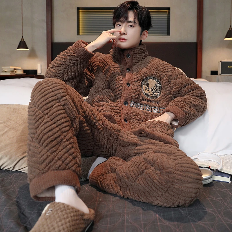 三层夹棉加厚加绒男士睡衣法兰绒冬季开衫珊瑚绒家居服套装 7828