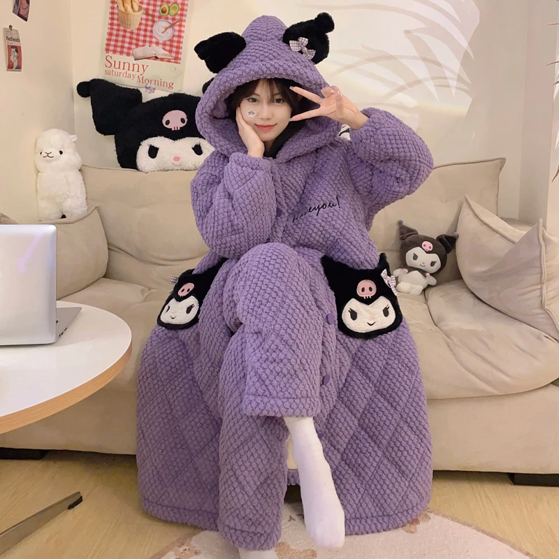 三层夹棉加厚冬季法兰绒睡袍卡通可爱珊瑚绒睡衣女士家居服 8962