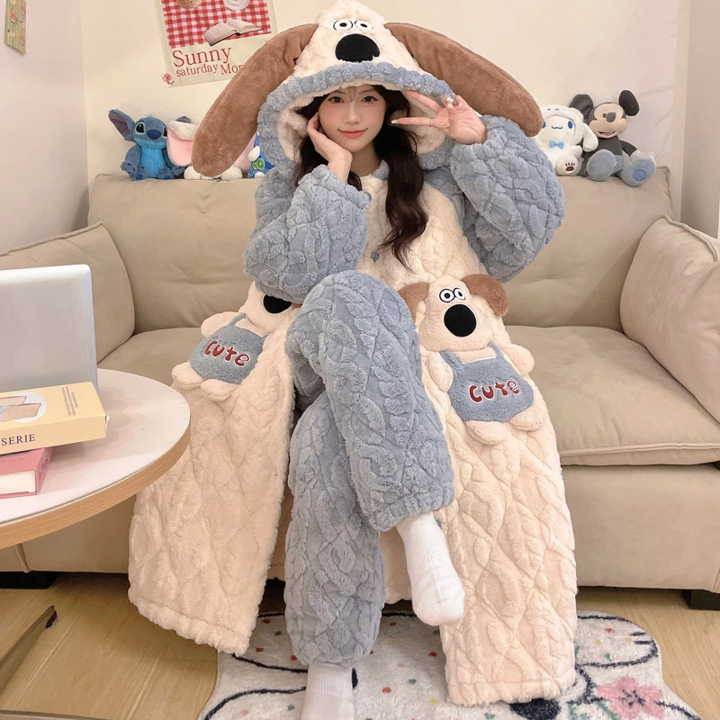 三层夹棉加厚加绒睡袍可外穿冬季睡衣女士卡通珊瑚绒家居服 9012