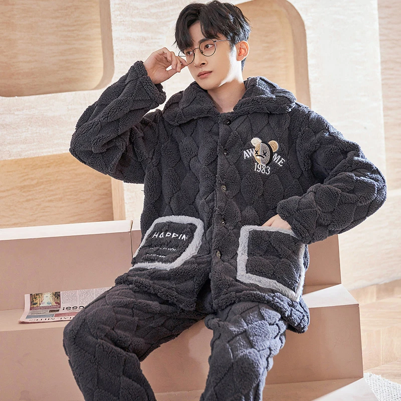 法兰绒睡衣男士秋冬季加厚保暖珊瑚绒韩版宽松家居服套装 1229