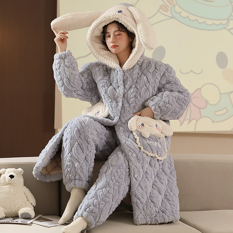 三层夹棉加厚冬季法兰绒睡袍卡通可爱珊瑚绒睡衣女士家居服 8974