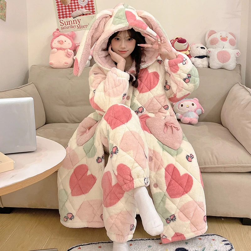 三层夹棉加厚加绒睡袍可外穿冬季睡衣女士卡通珊瑚绒家居服 8990