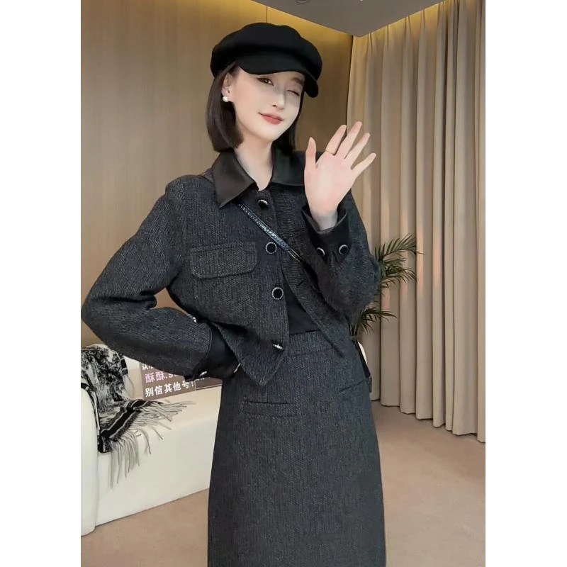 2024秋冬小个子羊毛外套套装时尚半身裙显瘦两件套穿搭设计感韩版