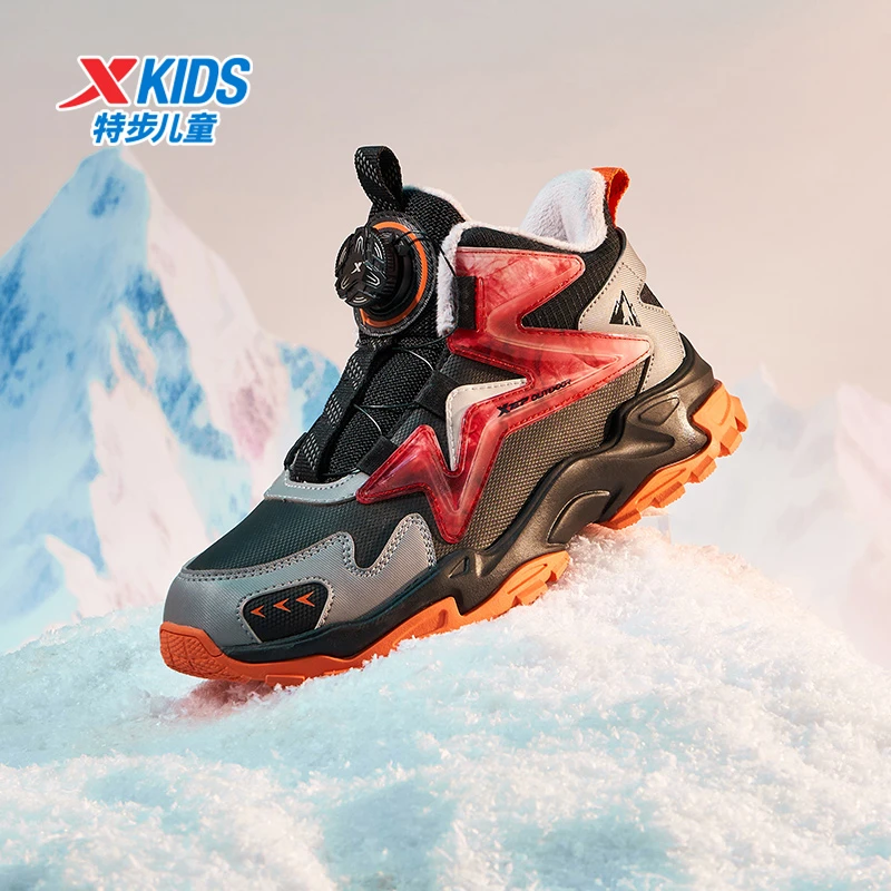 特步儿童冬季加绒保暖棉鞋大童旋转纽扣防寒运动鞋676415379366