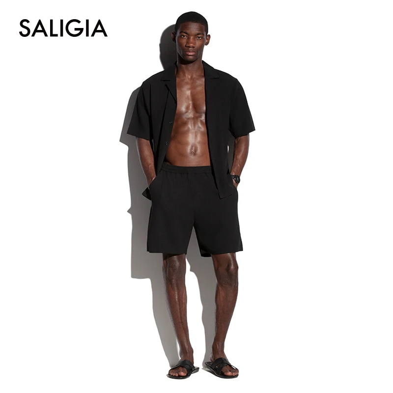 SALIGIA东方茶室醋酸涤乱麻肌理男士家居短袖衬衫