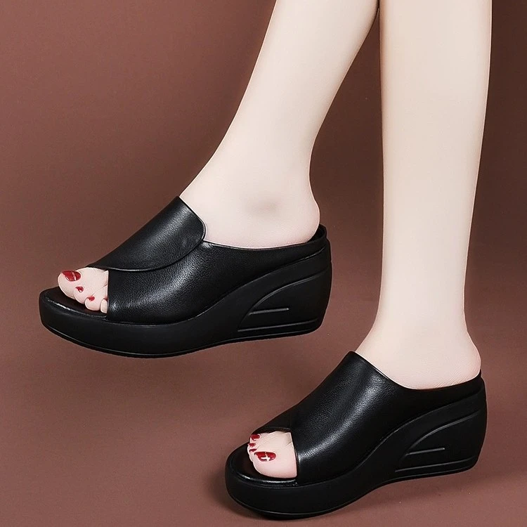 2025新款夏季坡跟拖鞋女外穿真皮厚底女鞋夏款松糕凉拖鞋高跟凉鞋