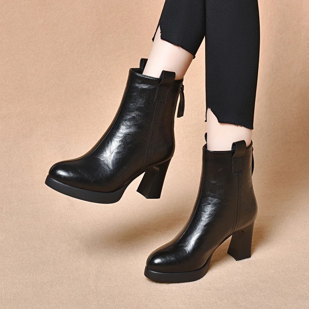厚底高跟马丁靴女防水台真皮2025秋冬季新款尖头粗跟复古百搭女靴