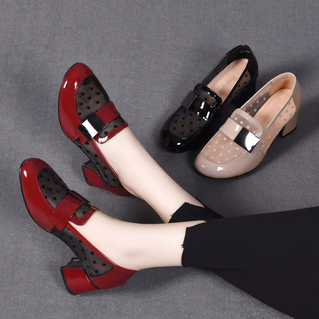 2025新款春夏季网纱单鞋女粗跟中跟真皮镂空皮鞋夏款漆皮乐福女鞋