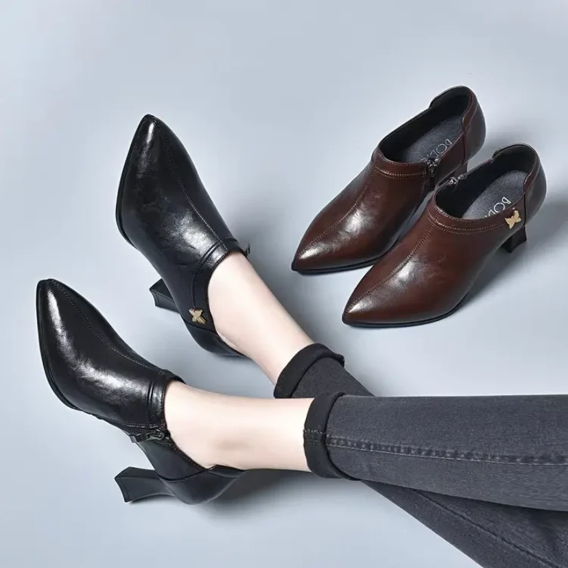 真皮高跟鞋新款2024春款爆款女士皮鞋气质尖头手抓纹单鞋粗跟女鞋