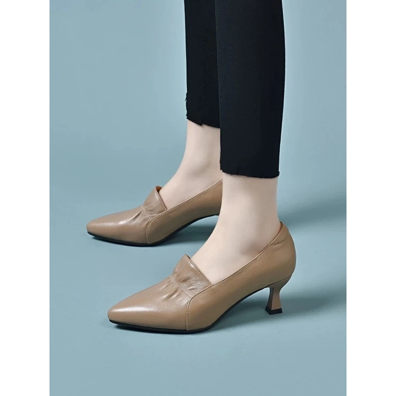 2025春季新款真皮深口单鞋女中跟软皮细跟工作皮鞋百搭小跟高跟鞋