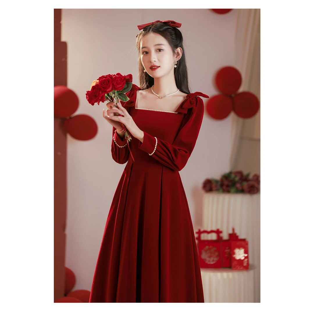 S378敬酒服小个子新娘2023新款订婚连衣裙红色礼服裙秋冬回门长袖