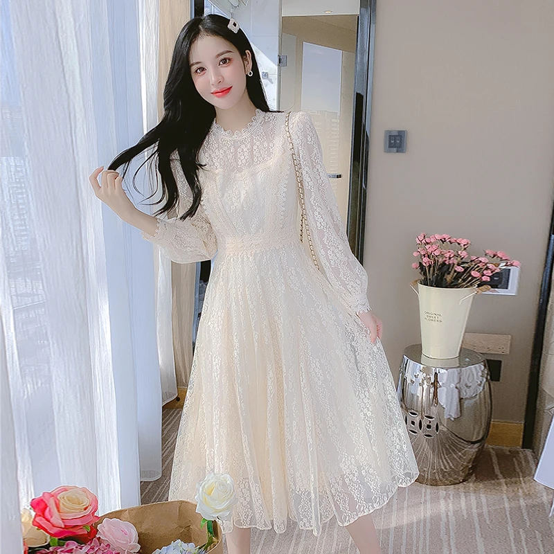 9293蕾丝女装连衣裙2024春季新款收腰气质打底裙加绒加厚拼接长裙