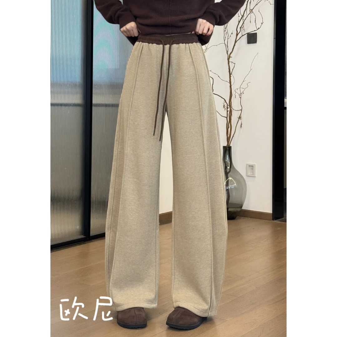 欧尼私服 小众设计款拼接腰头抽绳弧形弯刀加绒休闲裤 2411B5179