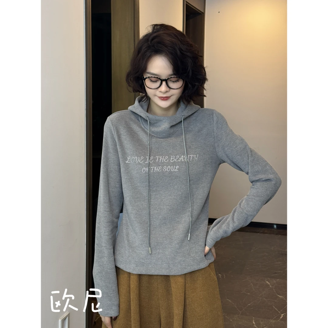 欧尼私服 2024秋冬简约百搭抽绳连帽字母卫衣 B4790