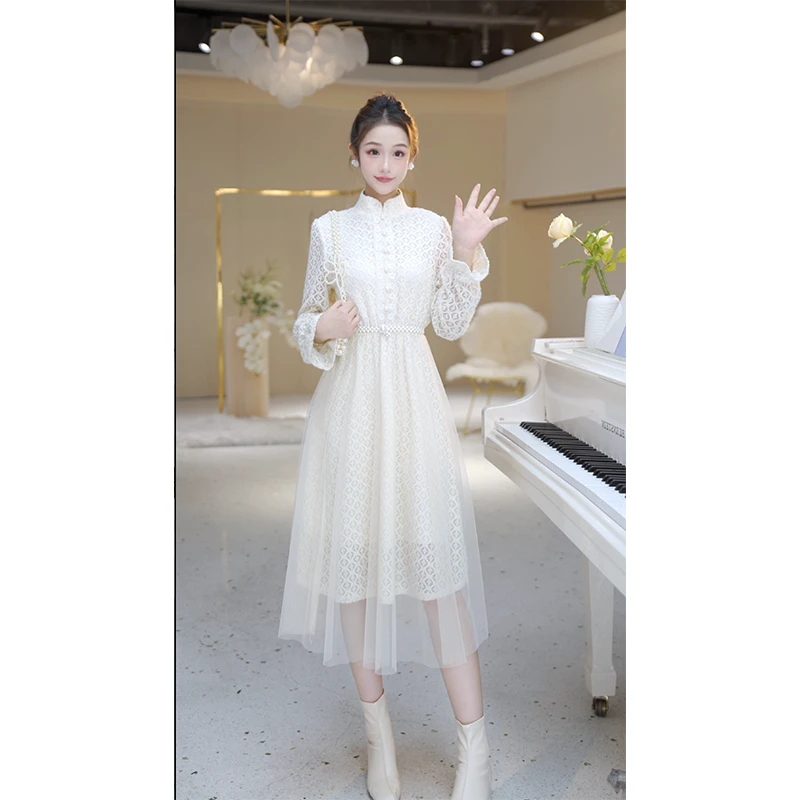 【北栀】半高领方格图案蕾丝网纱连衣裙送珍珠腰带800352