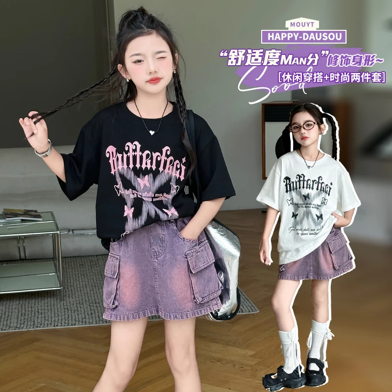 女童夏季薄款时髦牛仔工装短裙2024新款洋气中大儿童6-12宽松短袖