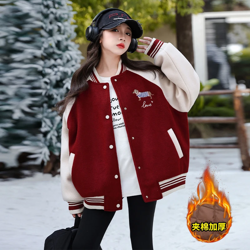 女童外套6-12岁15秋冬款2024新款洋气中大儿童时尚春秋夹棉棒球服