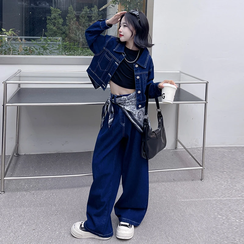 女童牛仔套装2024新款洋气中大儿童6-12岁15岁秋季时髦炸街两件套