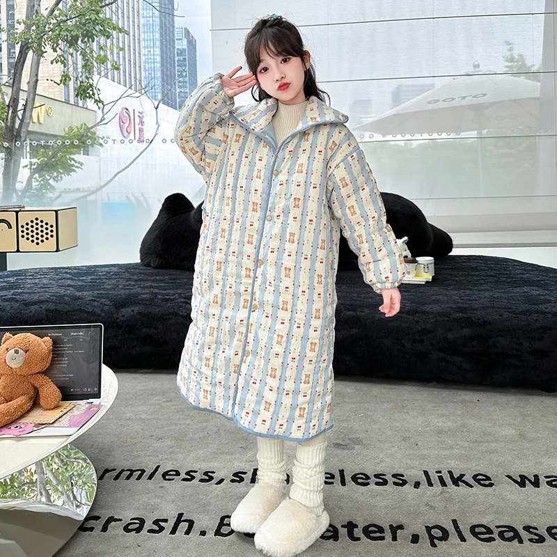 女童三层夹棉家居服2024新款中大儿童6-12岁15冬季睡袍女孩棉睡衣