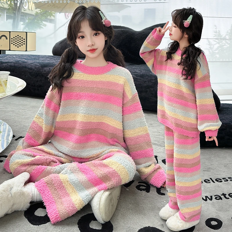 女童睡衣冬季2024新款6-12岁15甜美中大儿童半边绒加厚保暖居家服