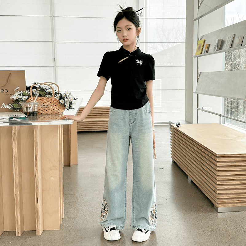 女童国风短袖牛仔裤夏季2024新款洋气休闲中大儿童6-12岁15岁夏装